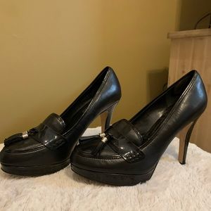 7.5 leather tasseled black platform heels